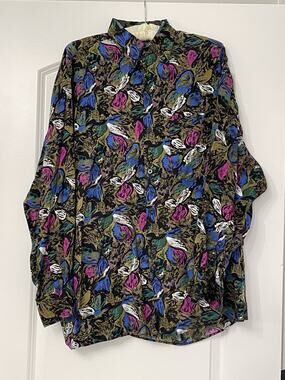 Vtg Renegades N.Y.C Abstract Floral Rayon Button Down Shirt Y2k